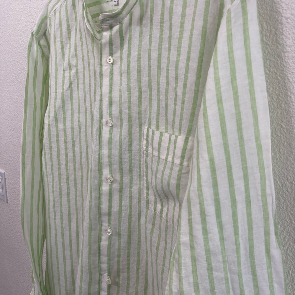 Azzurro Portofino by Guy Rover Linen Green Striped Men's Shirt Size Large - Picture 3 of 6